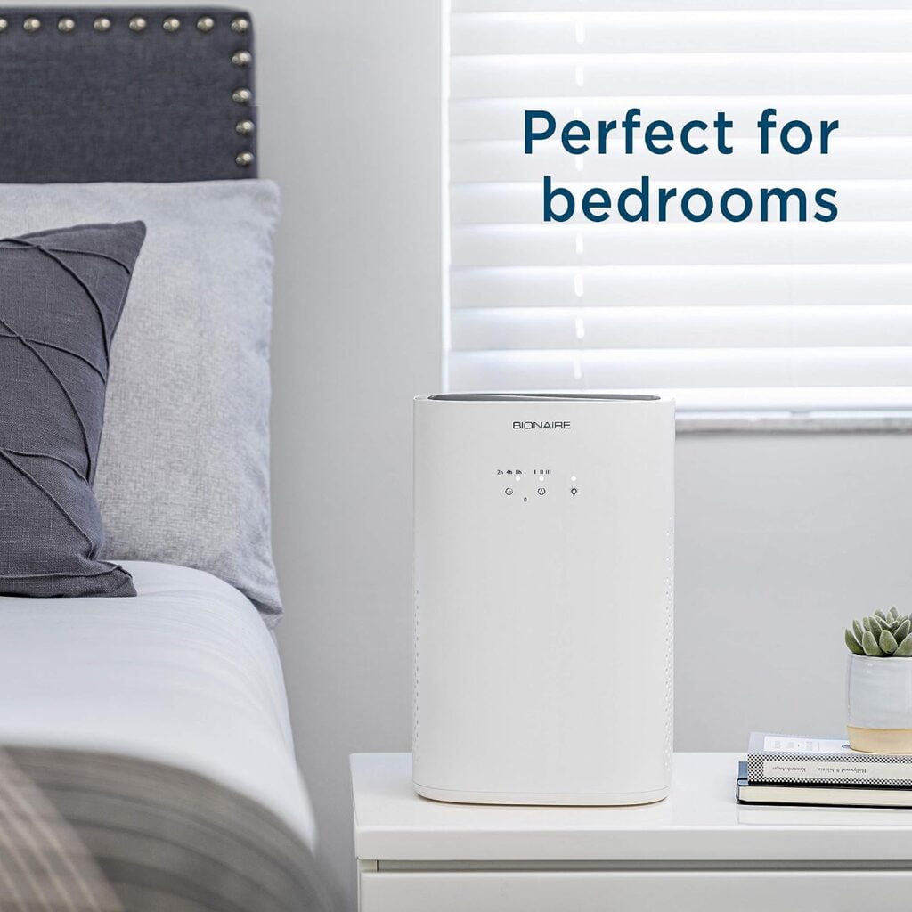 Bionaire True HEPA 360° Air Purifier for Medium Rooms, Air Filter for Allergens, Pets, and Dust with Quiet Setting and Night Light, 3 Speeds, White