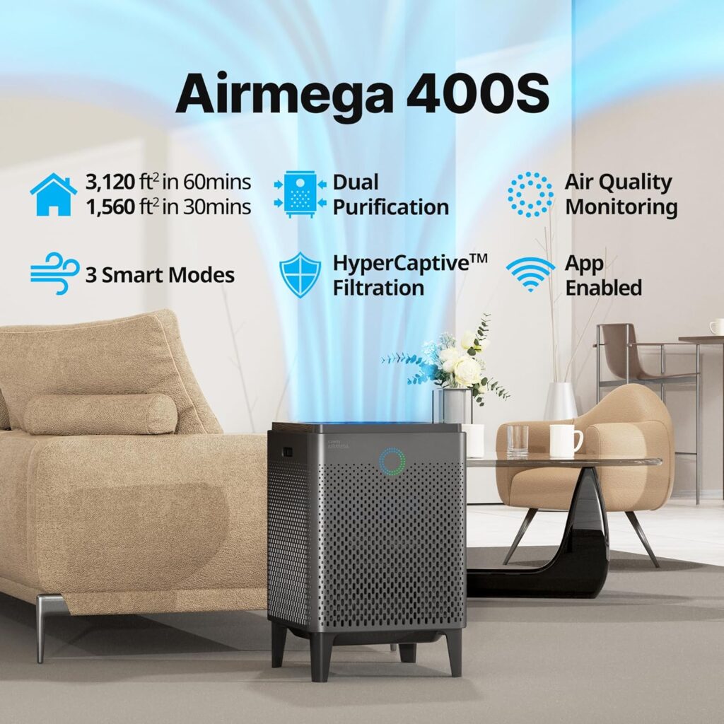 Coway Airmega 400S(G) App-Enabled Smart Technology Compatible with Amazon Alexa True HEPA Air Purifier, Covers 1,560 sq. ft, Graphite
