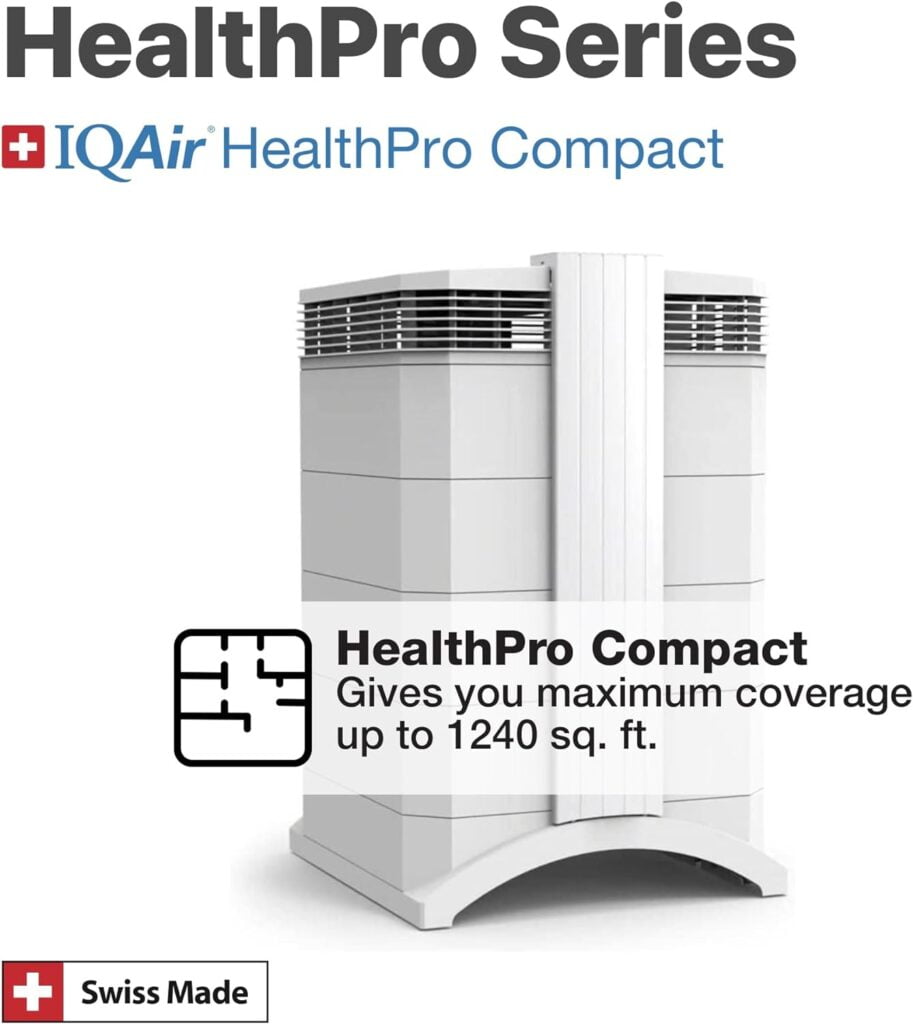 IQAir HealthPro Compact – High-Airflow Medical-Grade Air Purifier with HyperHEPA Filter for Bacteria, Viruses, Airborne Particles, Allergens, Pets, Asthma Triggers, Pollen, Dust, Swiss Made